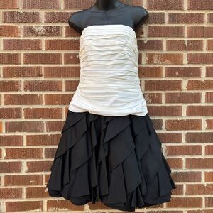 Tadashi Strapless Sz 12 Black White Ruched Bodice Petal Skirt Cocktail Dress 80s